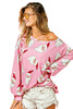 Pink Printed Christmas Santa Claus Lantern Sleeve Blouse