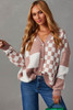 Chestnut Mix Checkered Button V Neck Knitted Cardigan