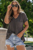 Carbon Grey Twist Short Sleeve Corded V Neck Top