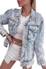 Mist Blue Retro Rhinestone Fringed Collar Light Wash Denim Jacket