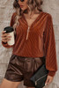 Chestnut Half Zip V Neck Ribbed Velvet Top