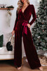 Fiery Red Velvet Pocketed Cut out Back Wide Leg Jumpsuit