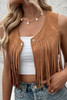 Camel Fringed Snap Button Front Suedette Vest