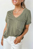 Laurel Green Twist Short Sleeve Corded V Neck Top