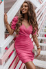 Rose Red V Neck Wrap Bubble Sleeved Ruched Bodycon Dress
