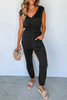 Black Shirred High Waist Sleeveless V Neck Jumpsuit