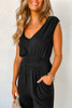 Black Shirred High Waist Sleeveless V Neck Jumpsuit