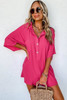 Bright Pink Half Button Collared Loose Romper Bright Pink Half Button Collared Loose Romper