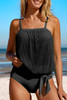 Black Striped Mesh Knotted Hem Tankini Swimsuit