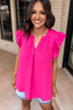 Rose Red Notched Neck Ruffle Sleeve Blouse