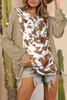 Pale Khaki Animal Print Textured Patch Lantern Sleeve Henley Blouse