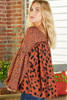 Brown Contrast Leopard Print Bubble Sleeve Blouse