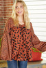 Brown Contrast Leopard Print Bubble Sleeve Blouse
