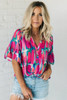 Rose Abstract Brushwork Print Buttoned V Neck Blouse Rose Abstract Brushwork Print Buttoned V Neck Blouse