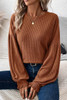 Chestnut Ribbed Knit Drop Shoulder Ruffled Sleeve Textured Top