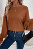 Chestnut Ribbed Knit Drop Shoulder Ruffled Sleeve Textured Top