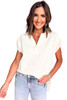 White Textured V Neck Collared Short Sleeve Top