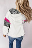 White Leopard Color Block Pockets Zip-up Hooded Jacket