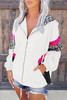 White Leopard Color Block Pockets Zip-up Hooded Jacket