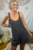 Dark Grey Striped Print Knotted Straps Pocketed Romper Dark Grey Striped Print Knotted Straps Pocketed Romper