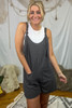 Dark Grey Striped Print Knotted Straps Pocketed Romper Dark Grey Striped Print Knotted Straps Pocketed Romper