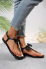 Black Cute Bowknot Pearl Embellished T-strap Sandals