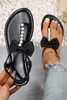 Black Cute Bowknot Pearl Embellished T-strap Sandals