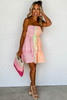 Pink Stripe Color Block Smocked Button Front Frilled Strapless Mini Dress