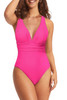 Rose Red Deep V Neck Crossover Backless Ruched High Cut Monokini