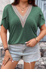 Blackish Green Plus Size Embroidery V Neck Draped Sleeve Blouse