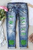 Sky Blue St. Patricks Clover Patchwork Sequin Distressed Jeans