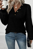 Black Buttoned V Neck Ribbed Puff Sleeve Top