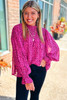 Rose Leopard Shirred Puff Sleeve Flowy Blouse