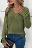 Jungle Green Textured Knit V Neck Button Cuffs Long Sleeve Top