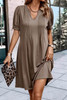 Desert Palm Notched Neck Pleated Puff Sleeve Shift T-shirt Dress