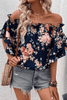 Blue Ruffle Off Shoulder Flounce Sleeve Floral Blouse