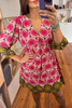 Strawberry Pink Retro Printed V Neck Bracelet Sleeve Dress