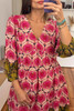 Strawberry Pink Retro Printed V Neck Bracelet Sleeve Dress