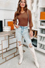Brown Ribbed Balloon Sleeve Bodysuit