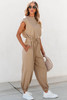 Light French Beige Cap Sleeve Open Back Drawstring Jogger Jumpsuit