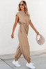 Light French Beige Cap Sleeve Open Back Drawstring Jogger Jumpsuit