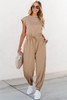 Light French Beige Cap Sleeve Open Back Drawstring Jogger Jumpsuit