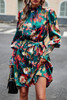 Green Abstract Print Frilled Neck Gigot Sleeve Dress with Waist Tie