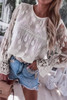 Beige Embroidered Mesh Flounce Sleeve Blouse