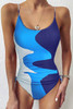 Sky Blue Printed Color Block Drawstring Sides One Piece Swimsuit