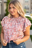 Pink Plus Size Floral Print Ruffled Sleeve Frilled Neck Blouse Pink Plus Size Floral Print Ruffled Sleeve Frilled Neck Blouse