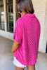 Bright Pink Lapel Neck Checkered Textured Short Sleeve Shirt