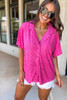 Bright Pink Lapel Neck Checkered Textured Short Sleeve Shirt