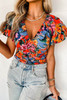 Orange Floral Print Puff Sleeve Ruched V Neck Blouse