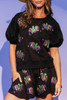 Black Mardi Gras Sequin Pattern Puff Sleeve Tee and Shorts Set